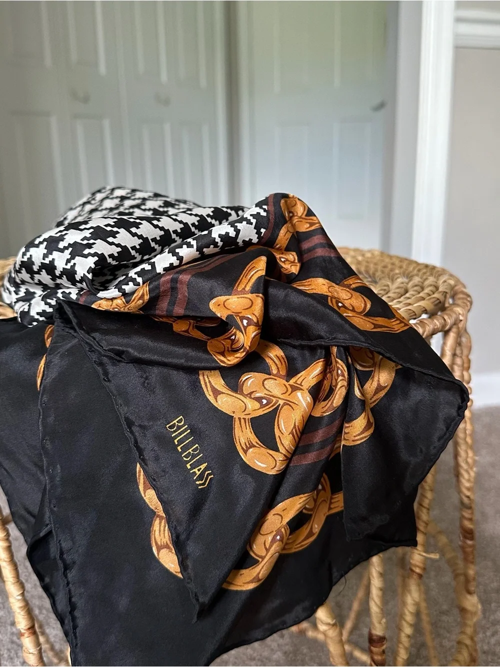 Vintage bill blass Black & Gold Chain Print Silk Scarf with Houndstooth Accent